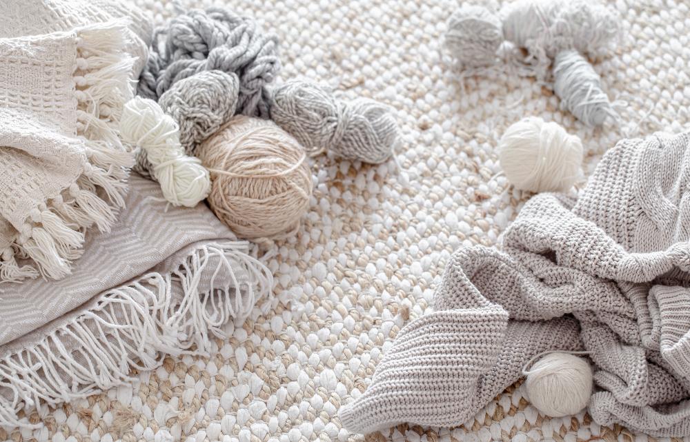 Neutral beige white and grey textured wool rug